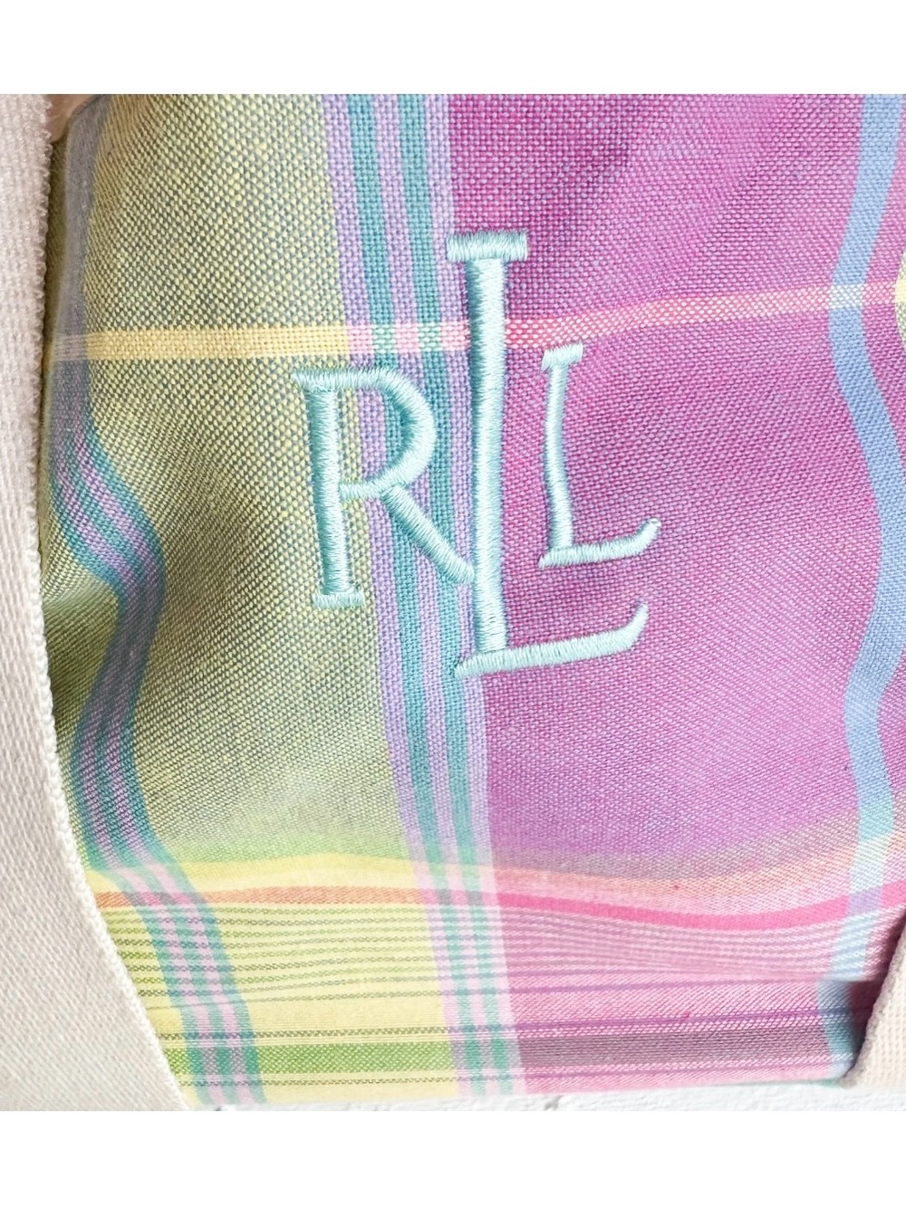 Ralph Lauren Multicolor Pastel Plaid Straw Tote with Cream Leather Handles large - Picture 3 of 7